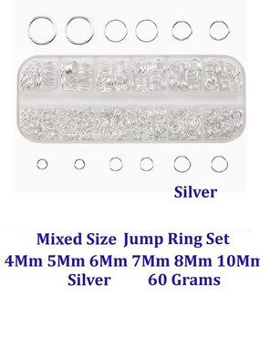 Silverery Mixed Size Jump Ring Set 4mm 5mm 6mm 7mm 8mm 10mm. 60 Grams.